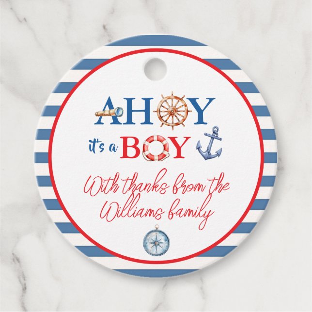 Sweet Striped Blue Red Nautical Ahoy Boy Compass Geschenkanhänger (Vorderseite)