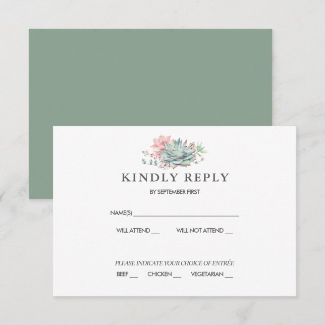 Sweet Succulent Pink Green Wedding RSVP Einladung (Vorne/Hinten)