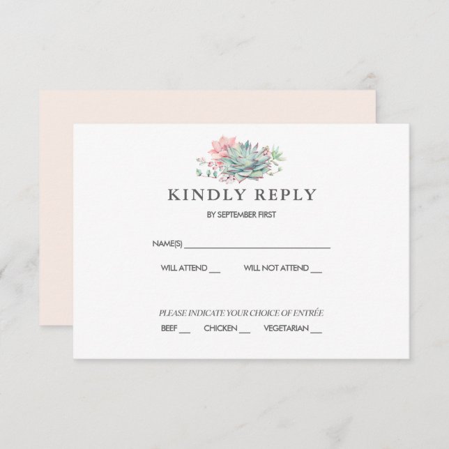 Sweet Succulent Pink Green Wedding RSVP Einladung (Vorne/Hinten)