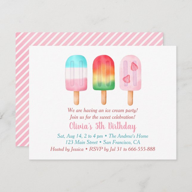 Sweet Summer Girls Birthday, Ice Cream Party Einladung (Vorne/Hinten)