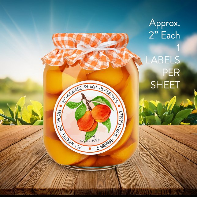 Sweet Summer Peaches Pfirsichkonserven Aufkleber (Sweet Summer Peaches Peach Preserves Canning WATERPROOF VINYL Round Sticker -- 1 Label Approx 2" )