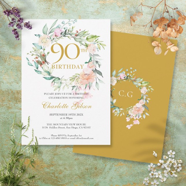 Sweet Summer Rose Garland Monogram 90. Geburtstag Einladung (Sweet Summer Roses Garland Monogram 90th Birthday Invitation)