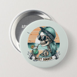 Sweet Summer Skeleton Retro Sunset Design Button