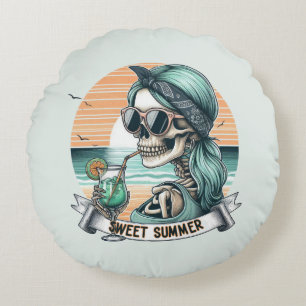 Sweet Summer Skeleton Retro Sunset Design Rundes Kissen
