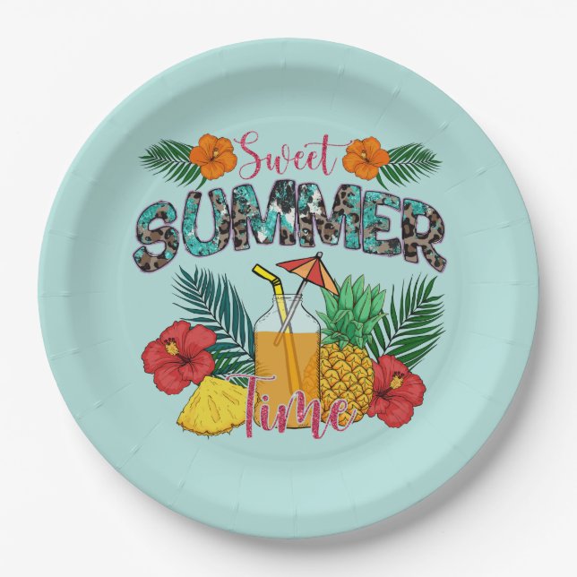 Sweet Summer Time | Tropische Früchte und Blumen Pappteller (Vorderseite)