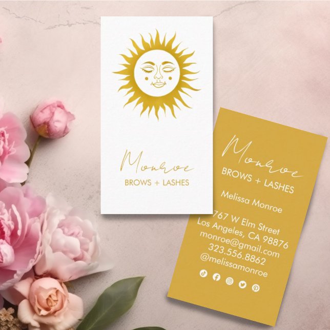 Sweet Sunshine Boho Golden Wählen Sie eine der sch Visitenkarte (Sweet sunshine decorates these custom golden business cards. Add your own text and edit social icons)