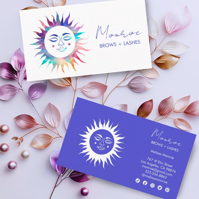 Sweet Sunshine Rainbow Boho Elegante Social Icons Visitenkarte (Pretty rainbow colorful sunshines decorate these custom business cards with social media icons)