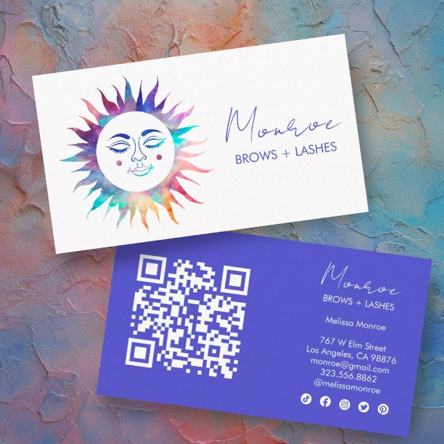 Sweet Sunshine Rainbow Boho Elegantes Soziales Sym Visitenkarte (Sunshine rainbow custom business cards, qr code and social media icons)