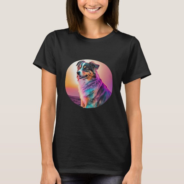 Sweet Synthwave Australian Shepherd with 80s Twist T-Shirt (Vorderseite)
