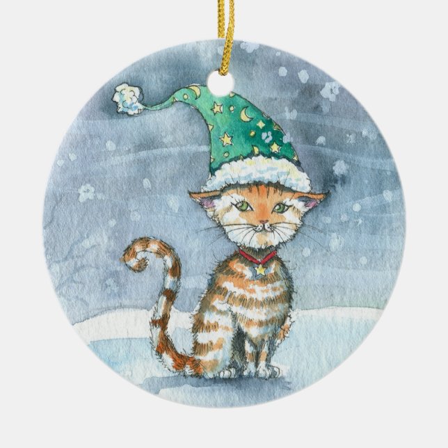 Sweet Tabby Cat in Holiday Hat Ornament (Vorne)