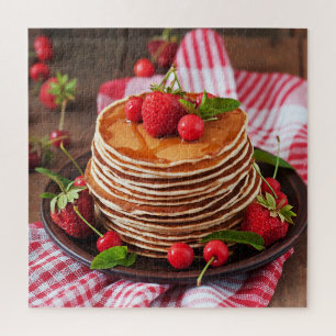 Sweet Tasty Syrup Pancakes Red Berries Food Rustic Puzzle