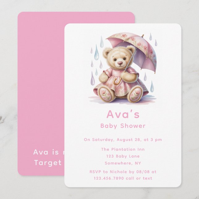 Sweet Teddy Bear Girl Baby Shower Einladung (Vorne/Hinten)