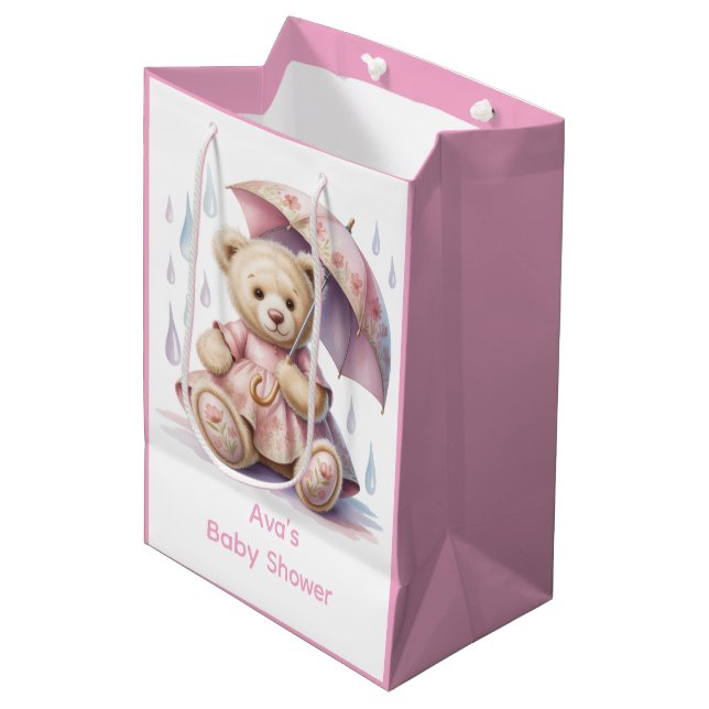 Sweet Teddy Bear Girl Baby Shower Mittlere Geschenktüte (Vorderseite Schrägansicht)