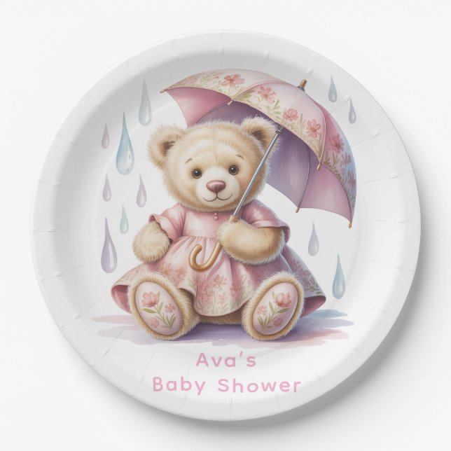 Sweet Teddy Bear Girl Baby Shower Pappteller (Vorderseite)
