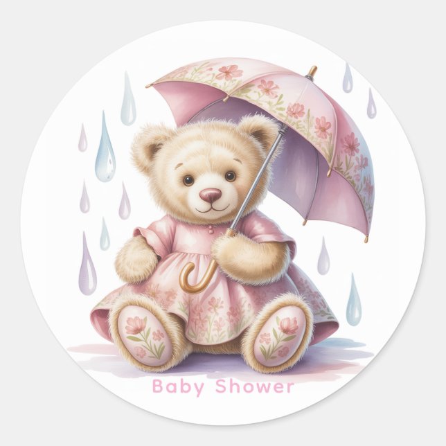 Sweet Teddy Bear Girl Baby Shower Runder Aufkleber (Vorderseite)