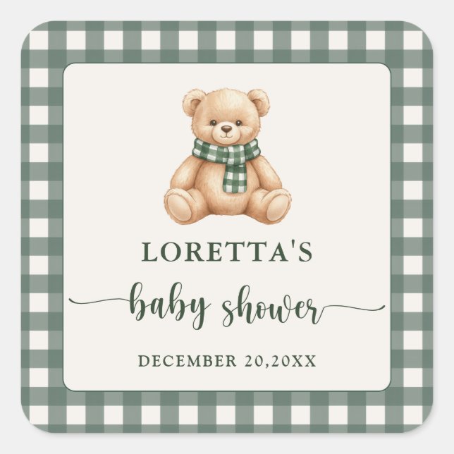 Sweet Teddy Bear Green Plaid Baby Shower Favor Quadratischer Aufkleber (Vorderseite)