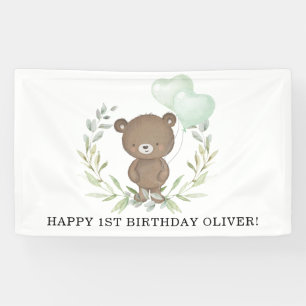 Sweet Teddy Bear Greenery Wreath Happy Birthday Banner