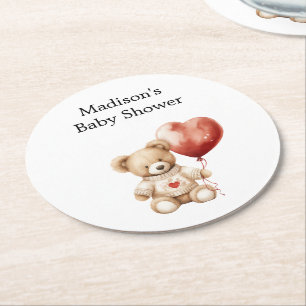 Sweet Teddy Bear Heart Balloon Babydusche Runder Pappuntersetzer