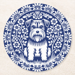 Sweet Terrier Puppy Blue und White Vintag Floral Runder Pappuntersetzer