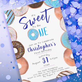 Sweet to be one Donut Blue Boy 1. Geburtstag Party Einladung
