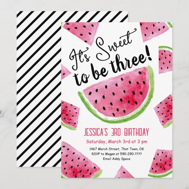 Sweet to be Three Melon Birthday Party Einladung (Vorne/Hinten)