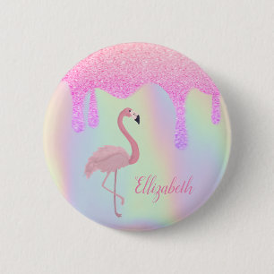 Sweet Trendy Holographic, Pink Flamingo Button