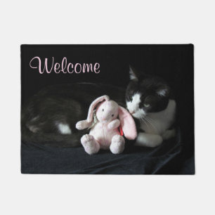 Sweet Tuxedo Cat und Pink Bunny Willkommen Doormat Fußmatte