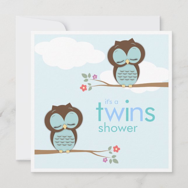 Sweet Twins Hoot Owls Boy Baby Dusche Einladung (Vorderseite)