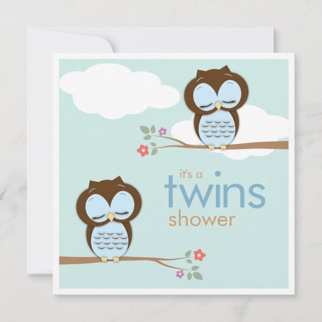 Sweet Twins Hoot Owls Boys Babydusche Einladung (Vorderseite)