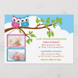 Sweet Twins Owl Girl Boy Foto Geburtsankündigung Ankündigung