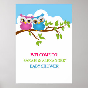 Sweet Twins Owls Boy Girl Baby Showposter Poster