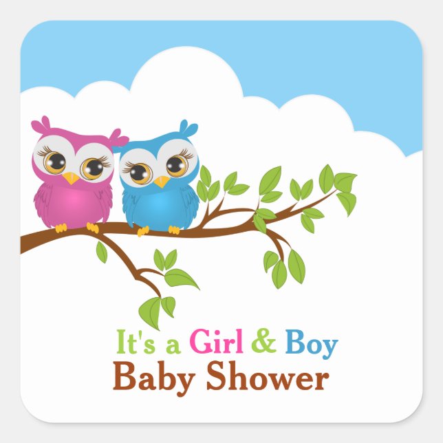 Sweet Twins Owls Boy Girl Babyaufkleber Quadratischer Aufkleber (Vorderseite)