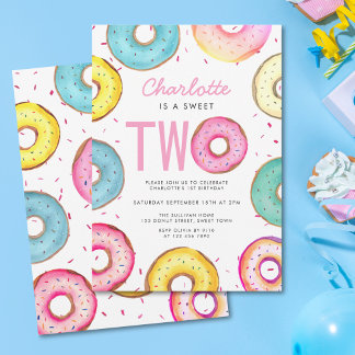 Sweet Two Watercolor Niedlich Donuts 2. Geburtstag Einladung