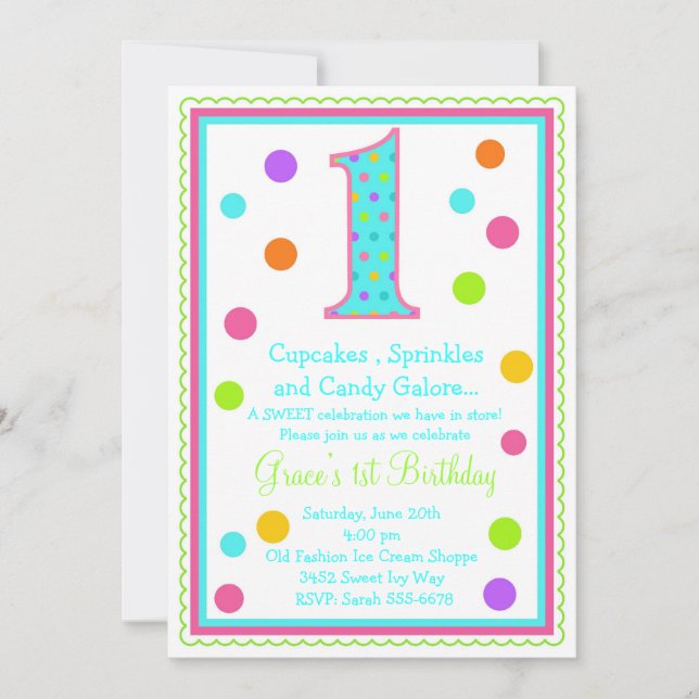 Sweet Überraschung 1. Geburtstag Einladung (Vorderseite)