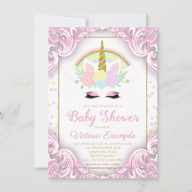 Sweet Unicorn Baby Girl Dusche Einladungen (Vorderseite)