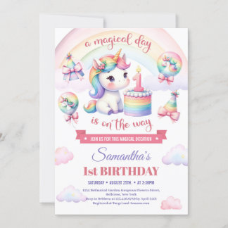 Sweet Unicorn Watercolor Pink Girl 1. Geburtstag Einladung