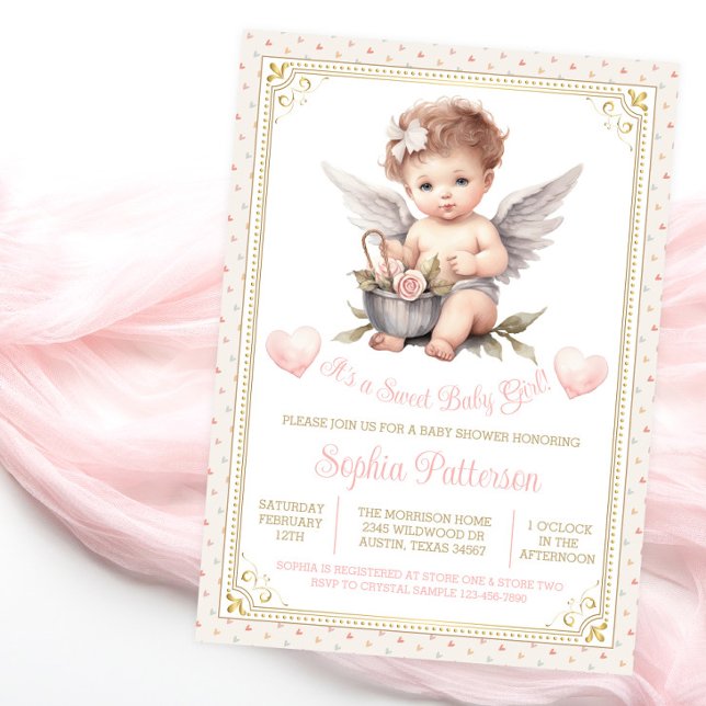 Sweet Valentine Cherub Baby Dusche Einladung (Sweet baby shower invitation with adorable baby girl cherub on a pretty heart background.)