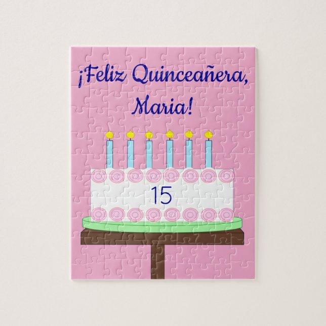 Sweet, Vanilla Quinceañera Cake- Spanish: Pink Puzzle (Vertikal)
