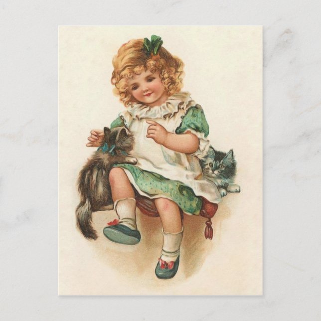 Sweet Viktorianisch Girl & Kittens Vintage Postkar Postkarte (Vorderseite)