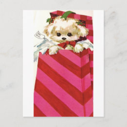 Sweet Vintage Christmas Puppy Bichon Lhasa Maltese Feiertagspostkarte
