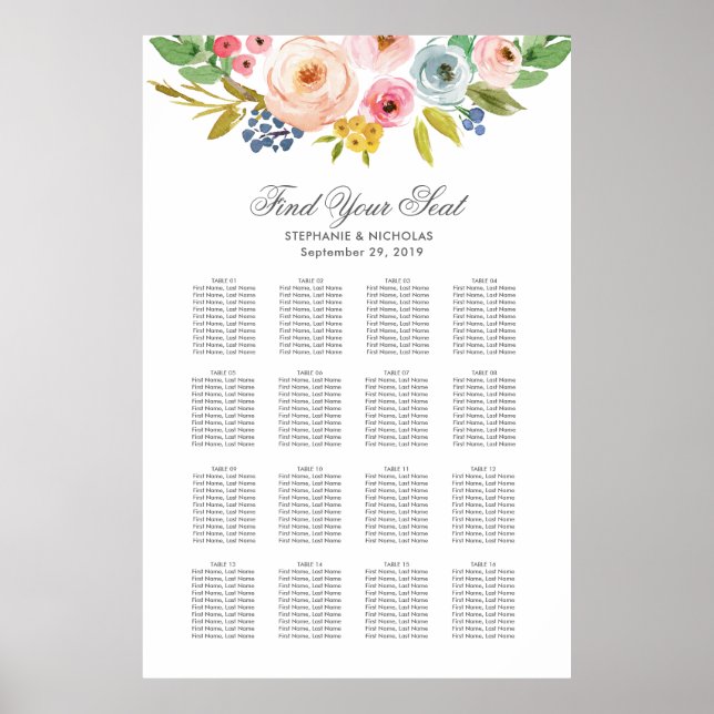 Sweet Watercolor Bouquet | Sitzdiagramm Poster (Vorne)