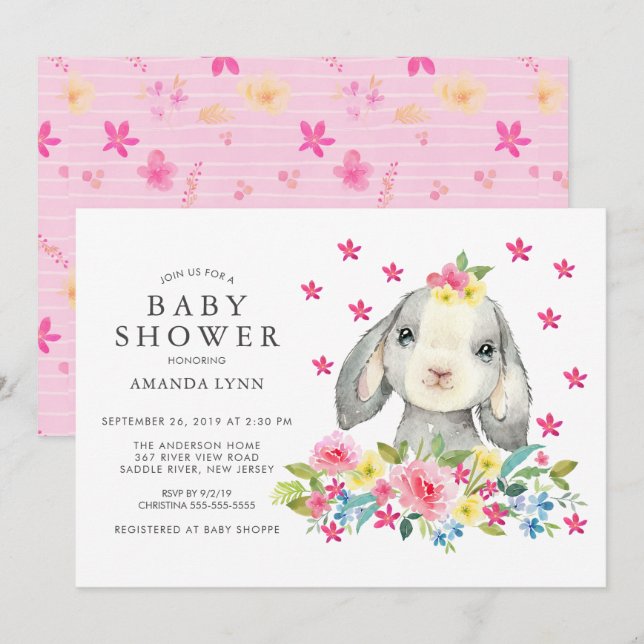 Sweet Watercolor Floral Bunny Girl Dusche Einladung (Vorne/Hinten)