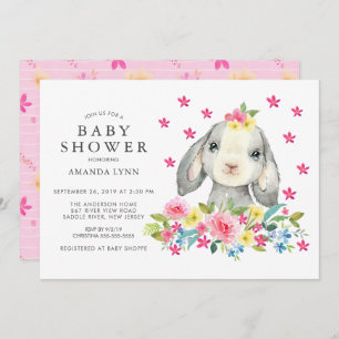 Sweet Watercolor Floral Bunny Girl Dusche Einladung