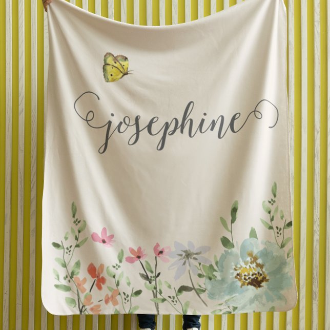 Sweet Watercolor Floral Butterfly Girl Custom Fleecedecke (Baby girl floral personalized blanket.)