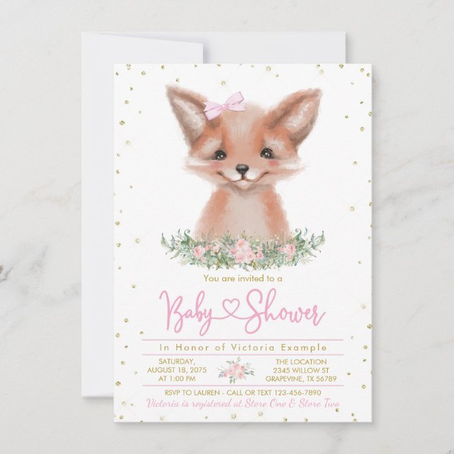 Sweet Watercolor Girl Fox Babydusche Einladung (Vorderseite)