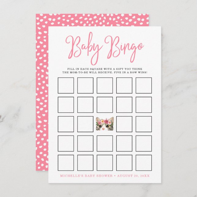 Sweet Watercolor Kitty Baby Shower Bingo Card (Vorne/Hinten)
