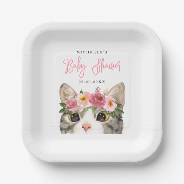 Sweet Watercolor Kitty Girl Babydusche Pappteller (Vorderseite)