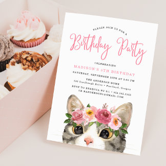 Sweet Watercolor Kitty Kid's Birthday Party Einladung