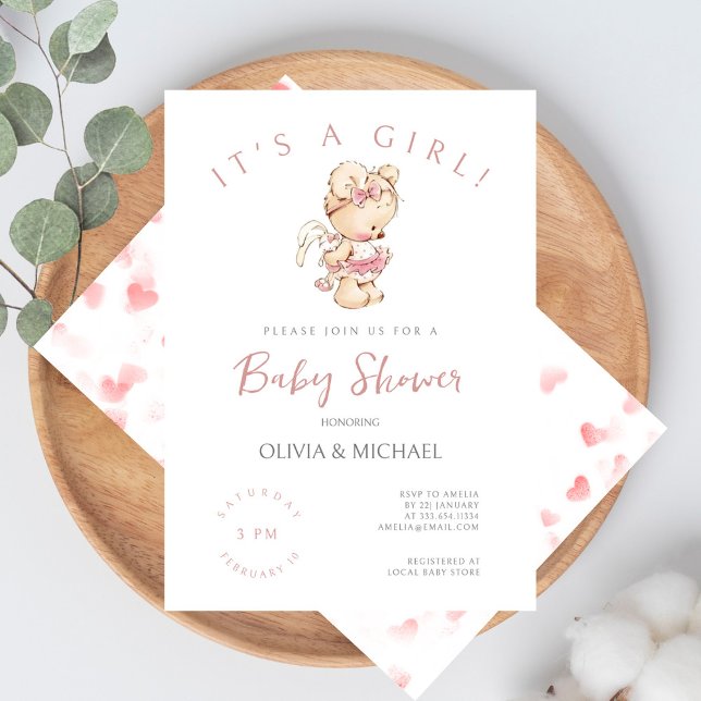 Sweet Watercolor Little Girl Bear Babydusche Einladung (Von Creator hochgeladen)