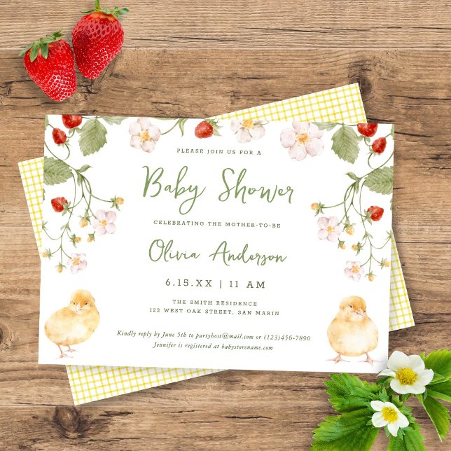 Sweet Watercolor Strawberry Chicks Baby Shower Einladung (Von Creator hochgeladen)
